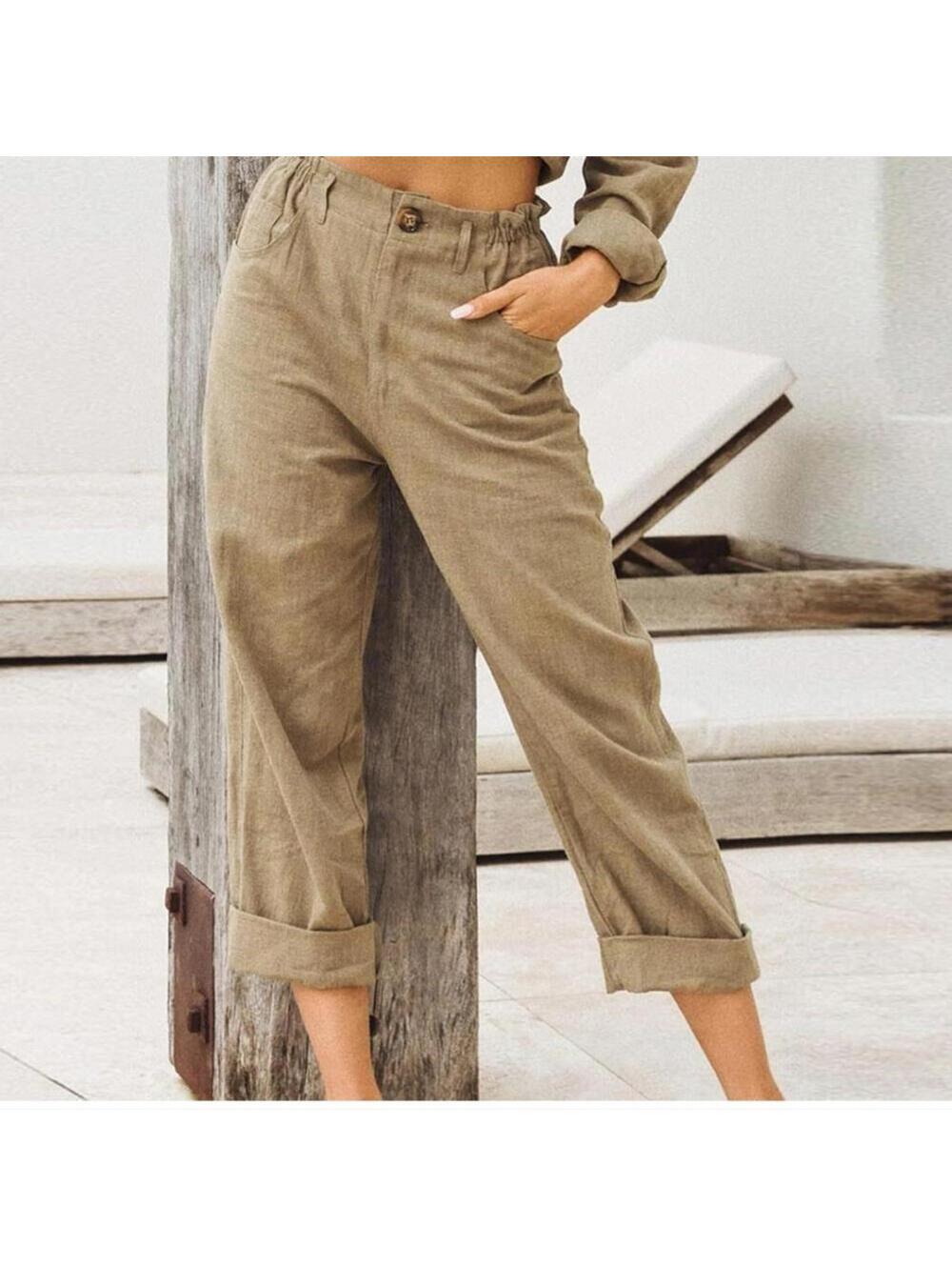 Women Linen Pants Summer Casual Capri Pants with Pockets Elastic Waist Wide Leg